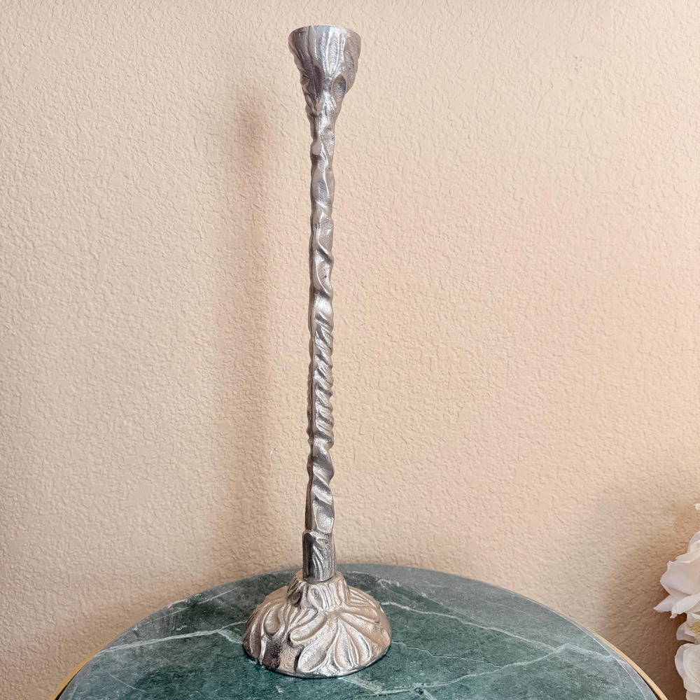 Vintage Silver Tone Brutalist Branch Style 15" Cast Metal Tall Candle Holder